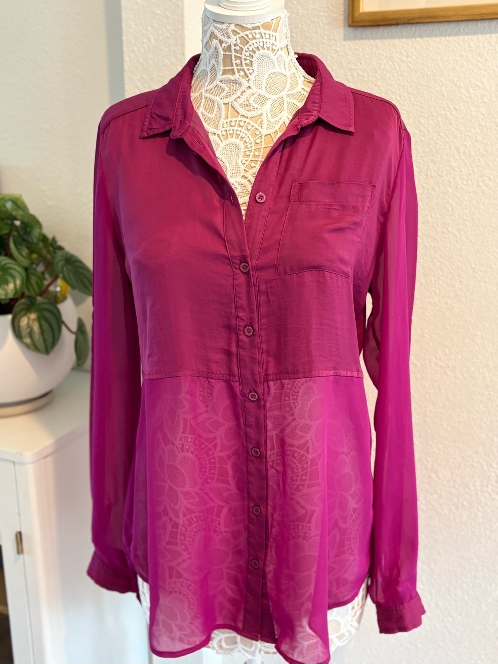 Free People Sheer Silky Button Down in Magenta- size M